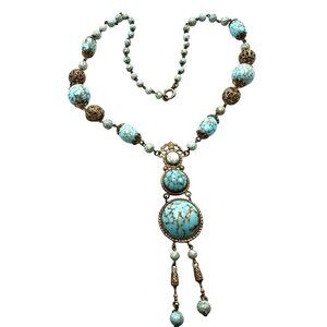 Antique Czech Art Deco Blue Speckled Glass Pendant Necklace Antiqued Gold Tone